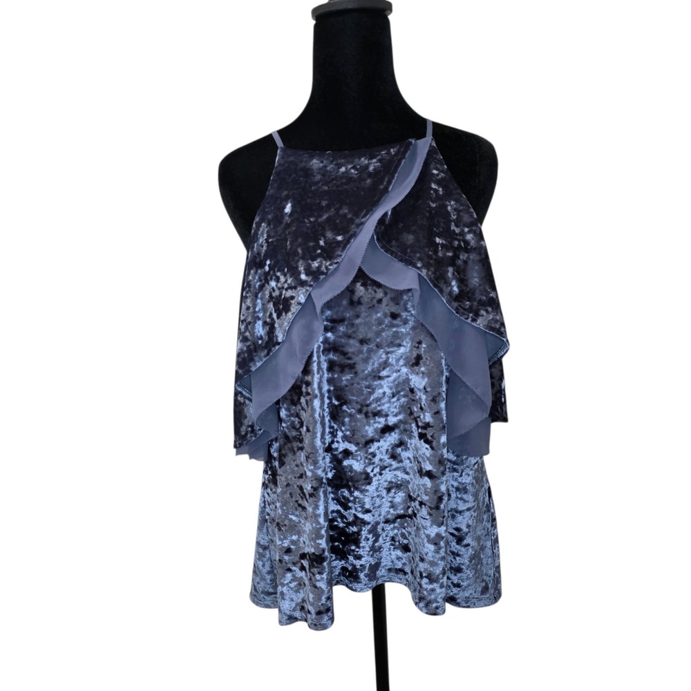 WHBM Velvet Off Shoulder Top Womens Large Blue Ruffle Party Holiday Going Out